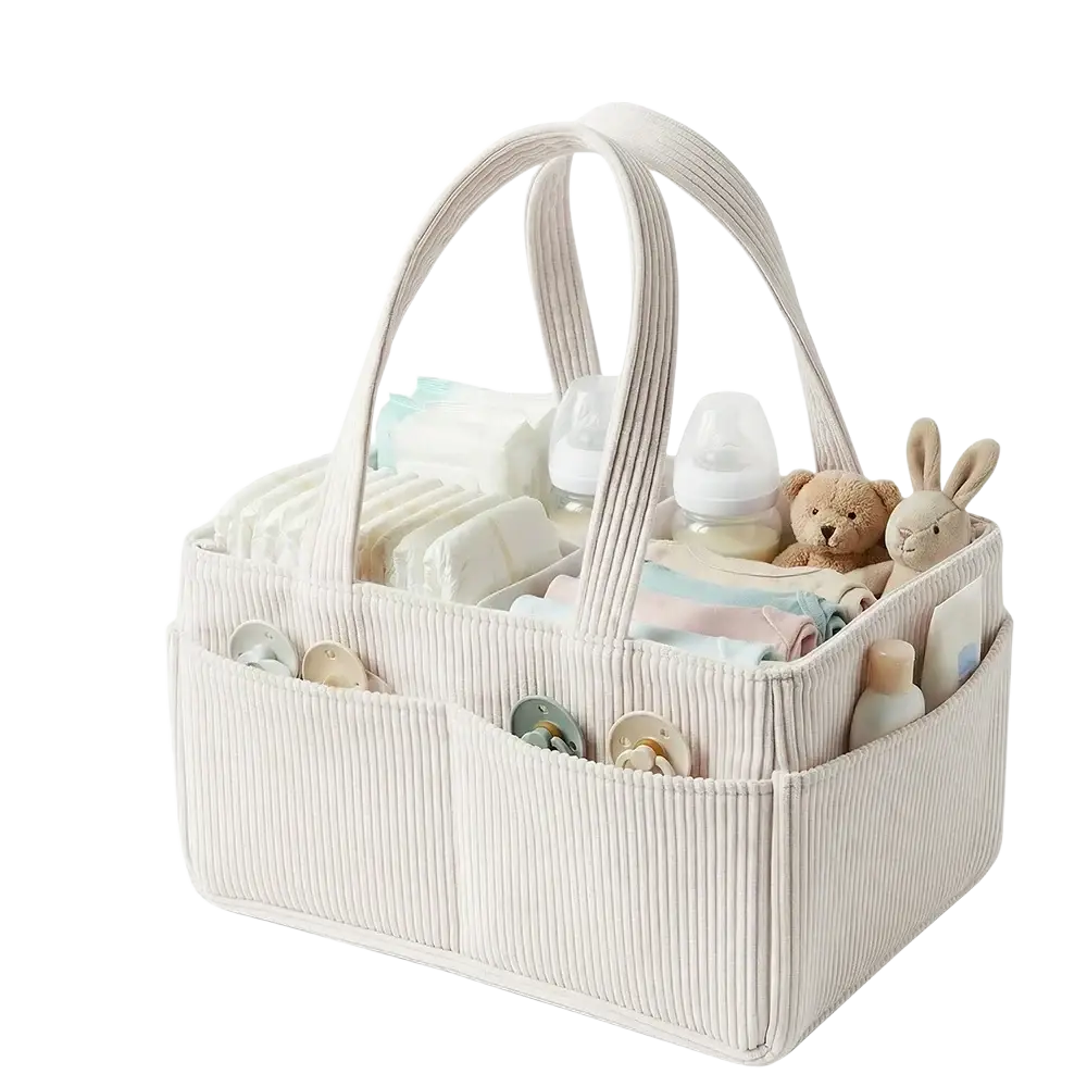Beige corduroy baby diaper caddy organizer with foldable storage and multiple compartments for easy organization
