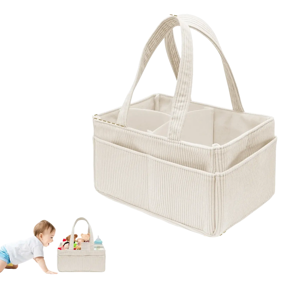 Beige corduroy baby diaper caddy organizer with two handles and multiple compartments for changing essentials