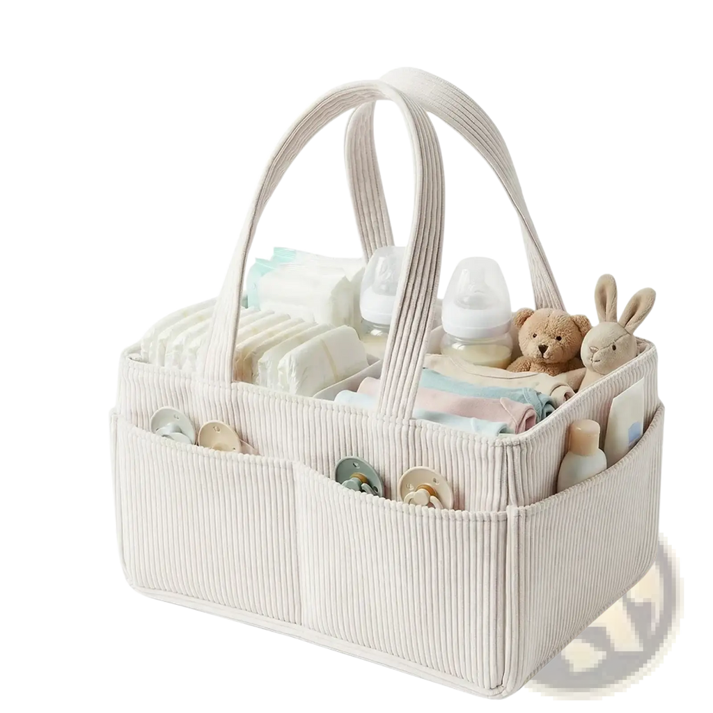 Beige corduroy baby diaper caddy organizer with foldable storage and multiple compartments for easy organization