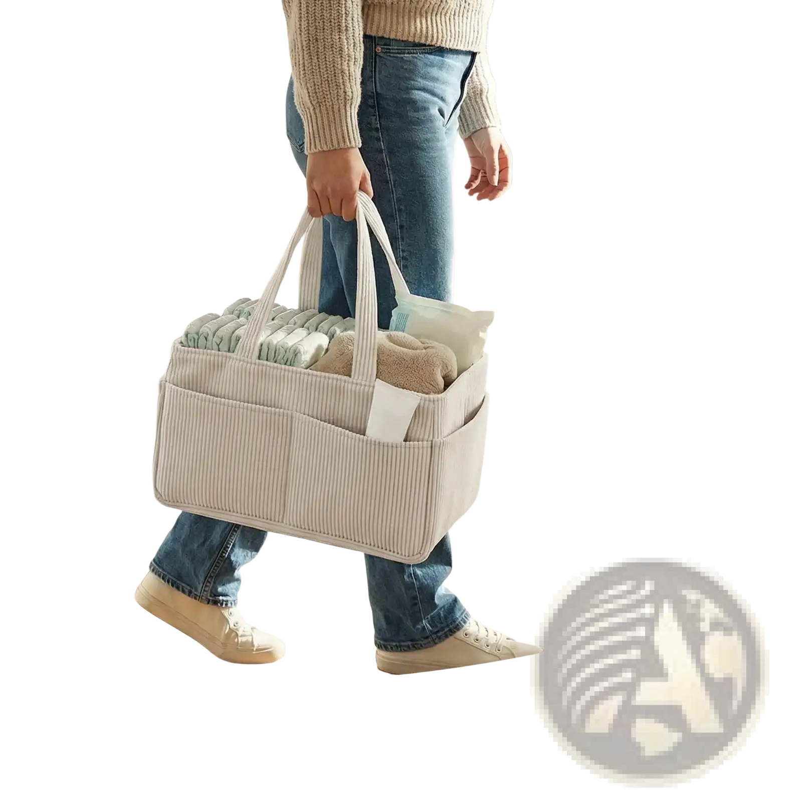 Beige corduroy baby diaper caddy organizer with sturdy handles and multiple compartments for organized essentials
