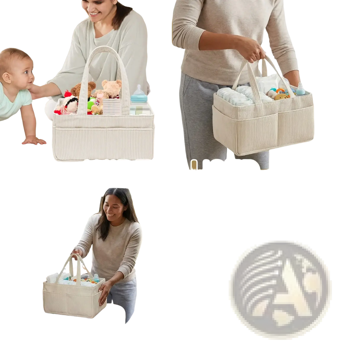 Beige corduroy ribbed fabric baby diaper caddy organizer with two handles and multiple compartments