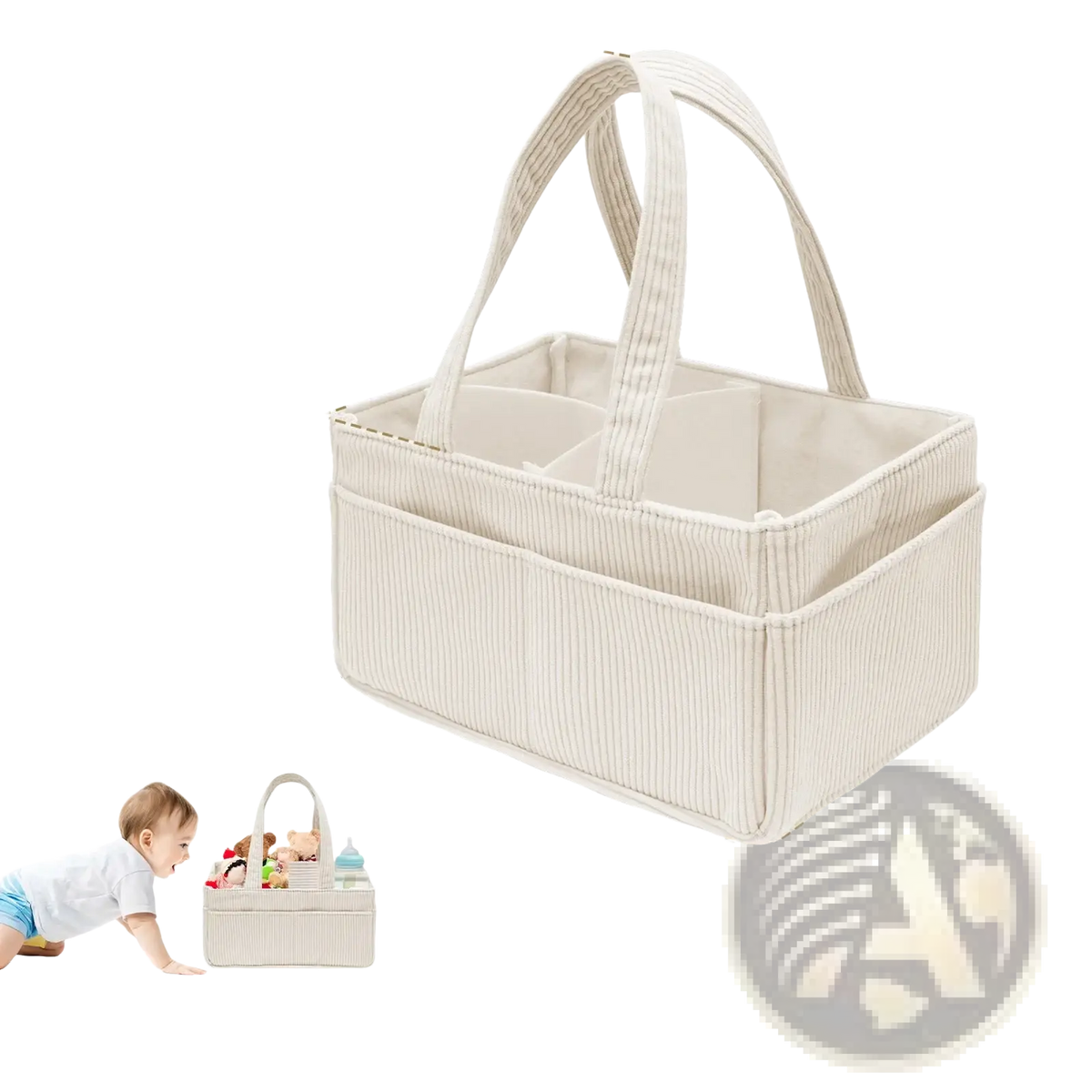 Beige corduroy baby diaper caddy organizer with two handles and multiple compartments for changing essentials