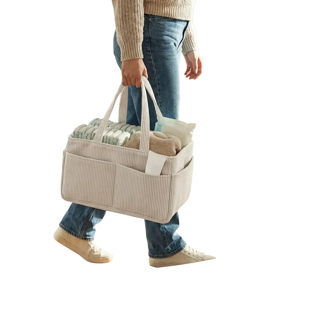 Beige corduroy baby diaper caddy organizer with sturdy handles and multiple compartments for organized essentials