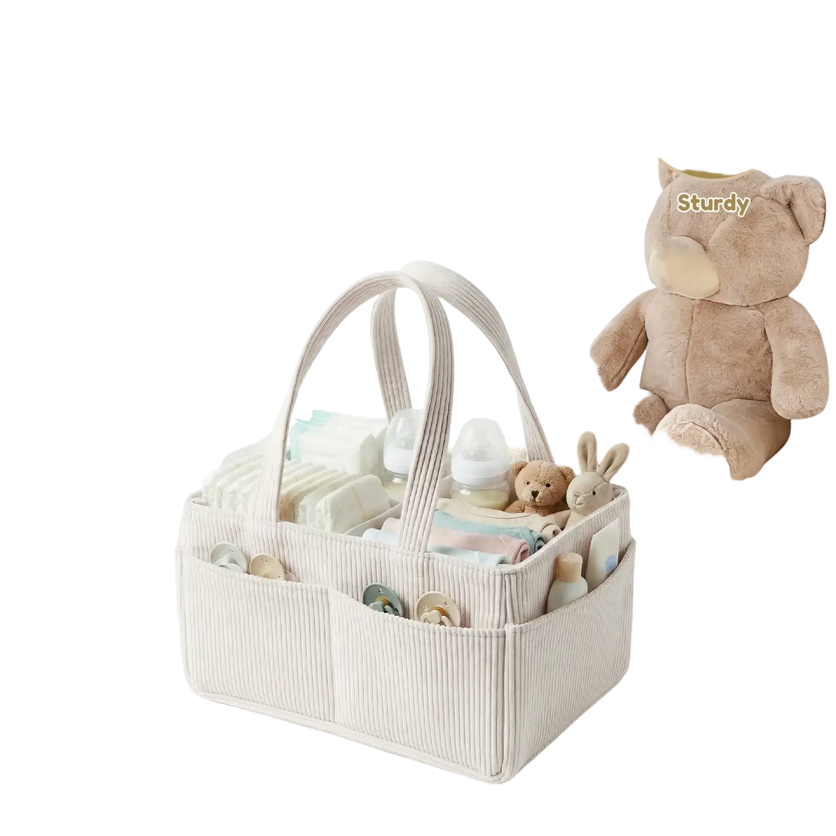 Beige corduroy and felt corduroy baby diaper caddy organizer with sturdy handles and partitioned compartments