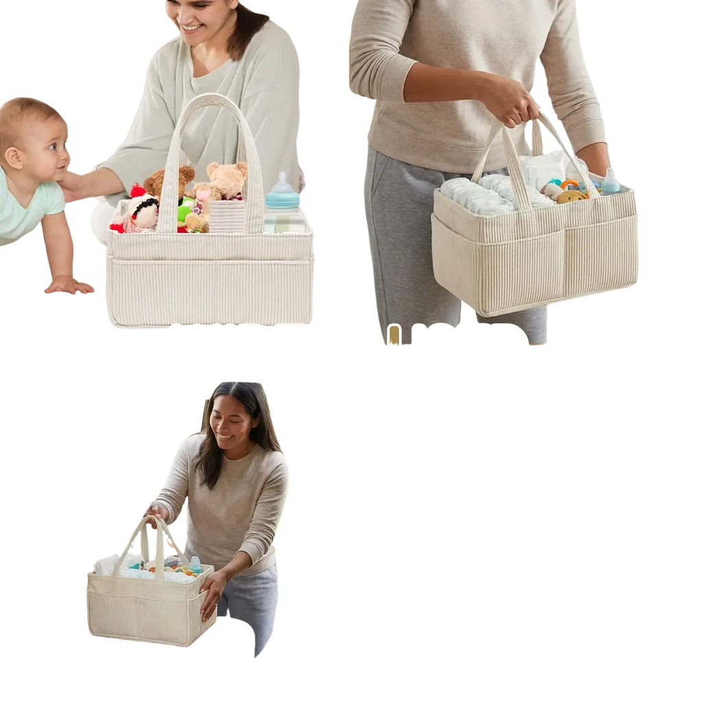Beige corduroy ribbed fabric baby diaper caddy organizer with two handles and multiple compartments