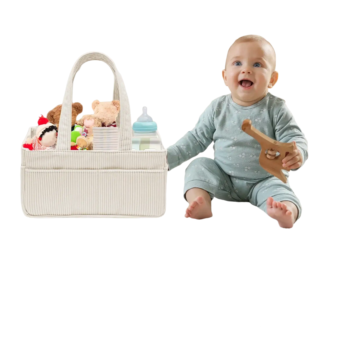 White woven corduroy baby diaper caddy organizer with handle and built-in partition board for easy separation