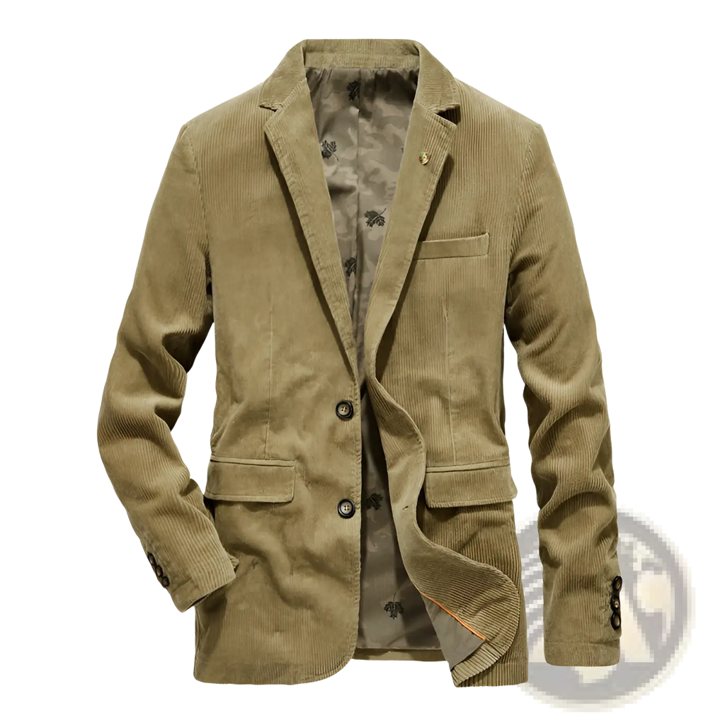 Khaki corduroy blazer for men with black buttons and patterned inner lining casual suit jacket