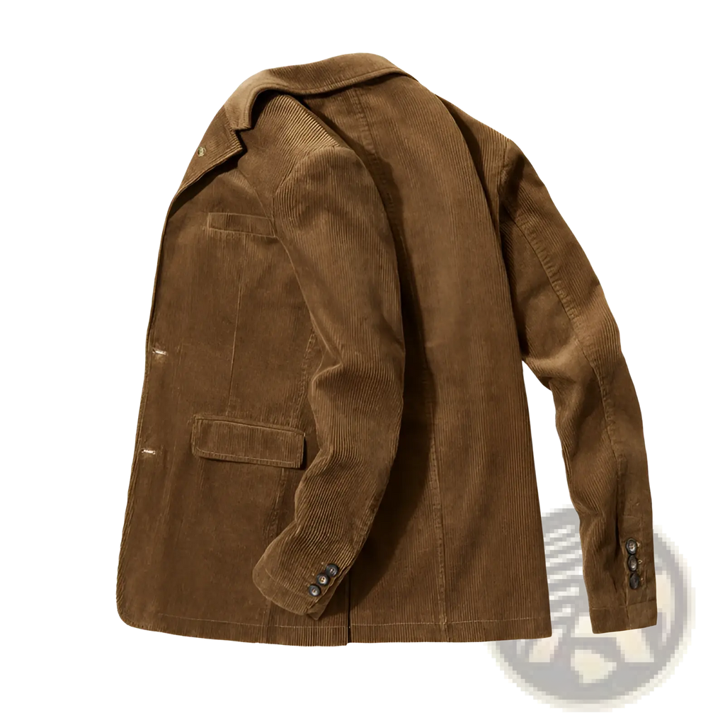 Brown corduroy blazer for men with classic double-breasted design and buttoned cuffs casual suit jacket