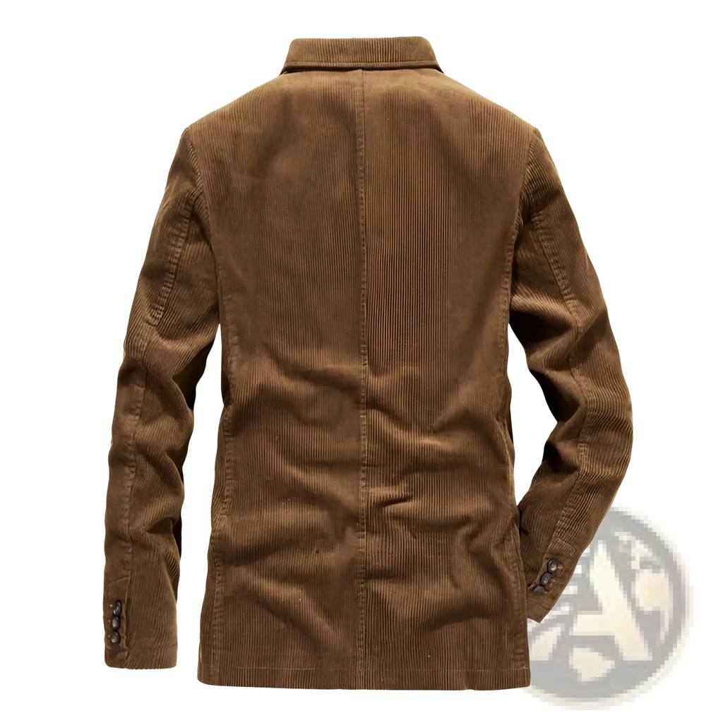 Brown corduroy blazer for men with classic collar and buttoned cuffs ideal for casual suit jacket wear