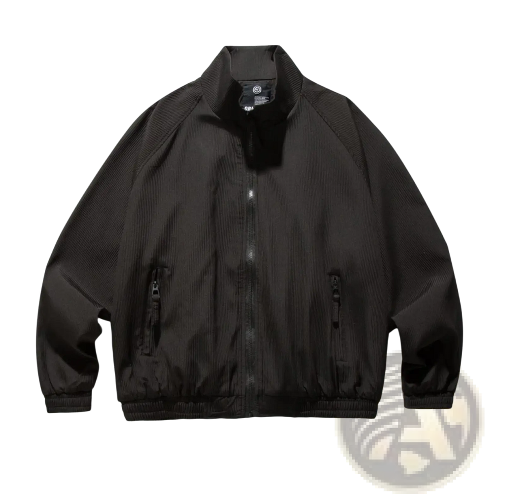 Black corduroy bomber jacket with ribbed cuffs and waistband featuring a retro loose fit and zipper closure