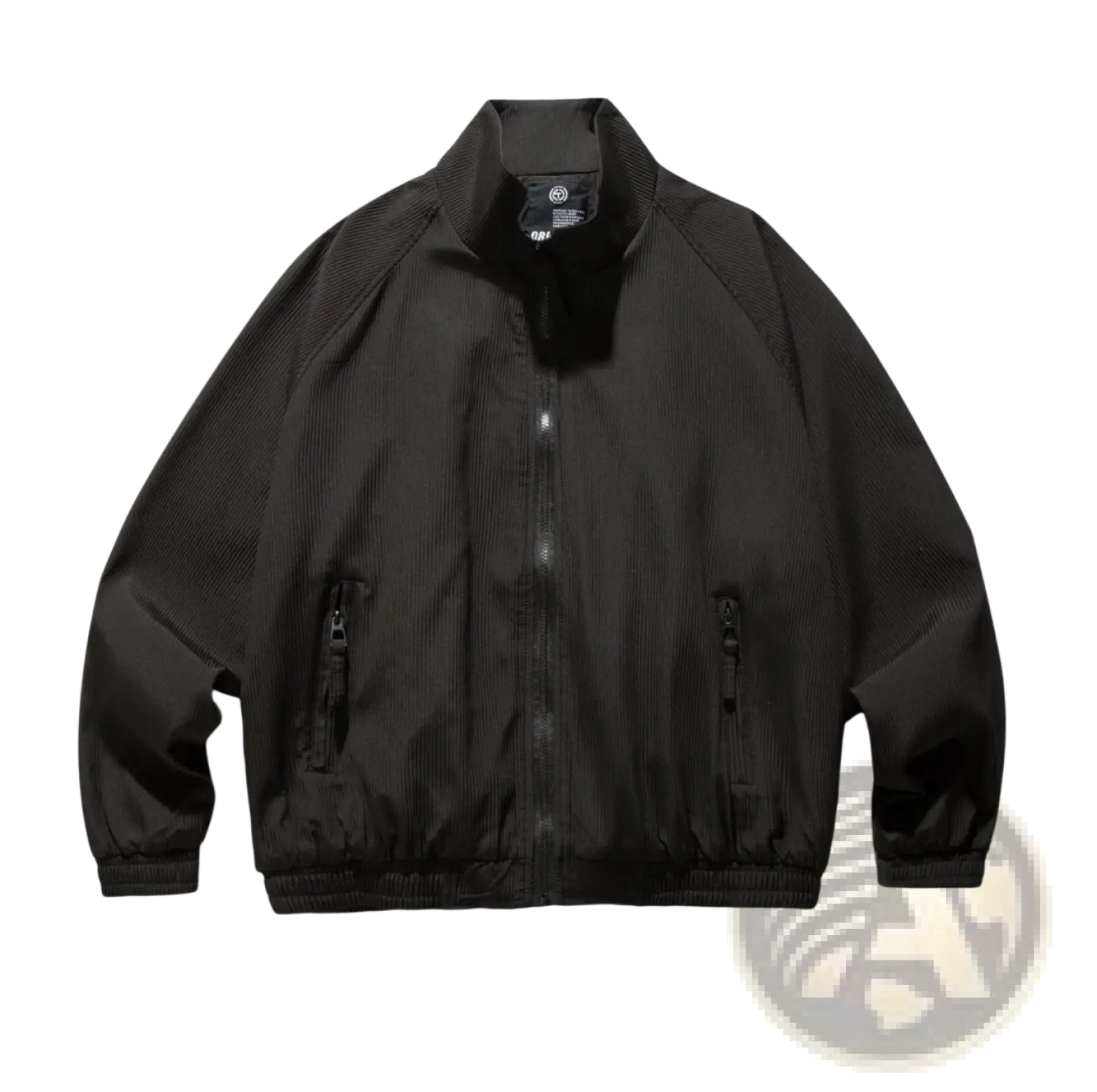 Black corduroy bomber jacket with ribbed cuffs and waistband featuring a retro loose fit and zipper closure