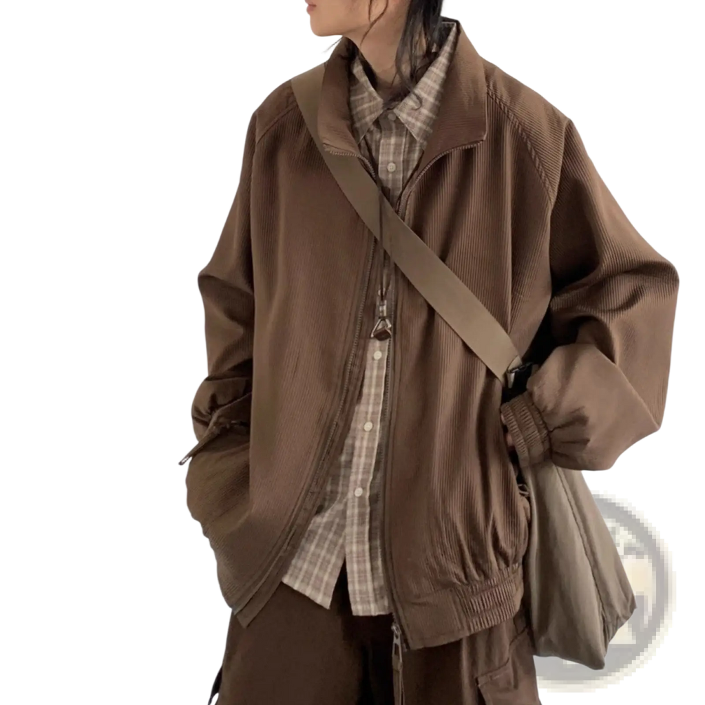 Brown corduroy bomber jacket with zipper front and ribbed cuffs in a retro loose outerwear style