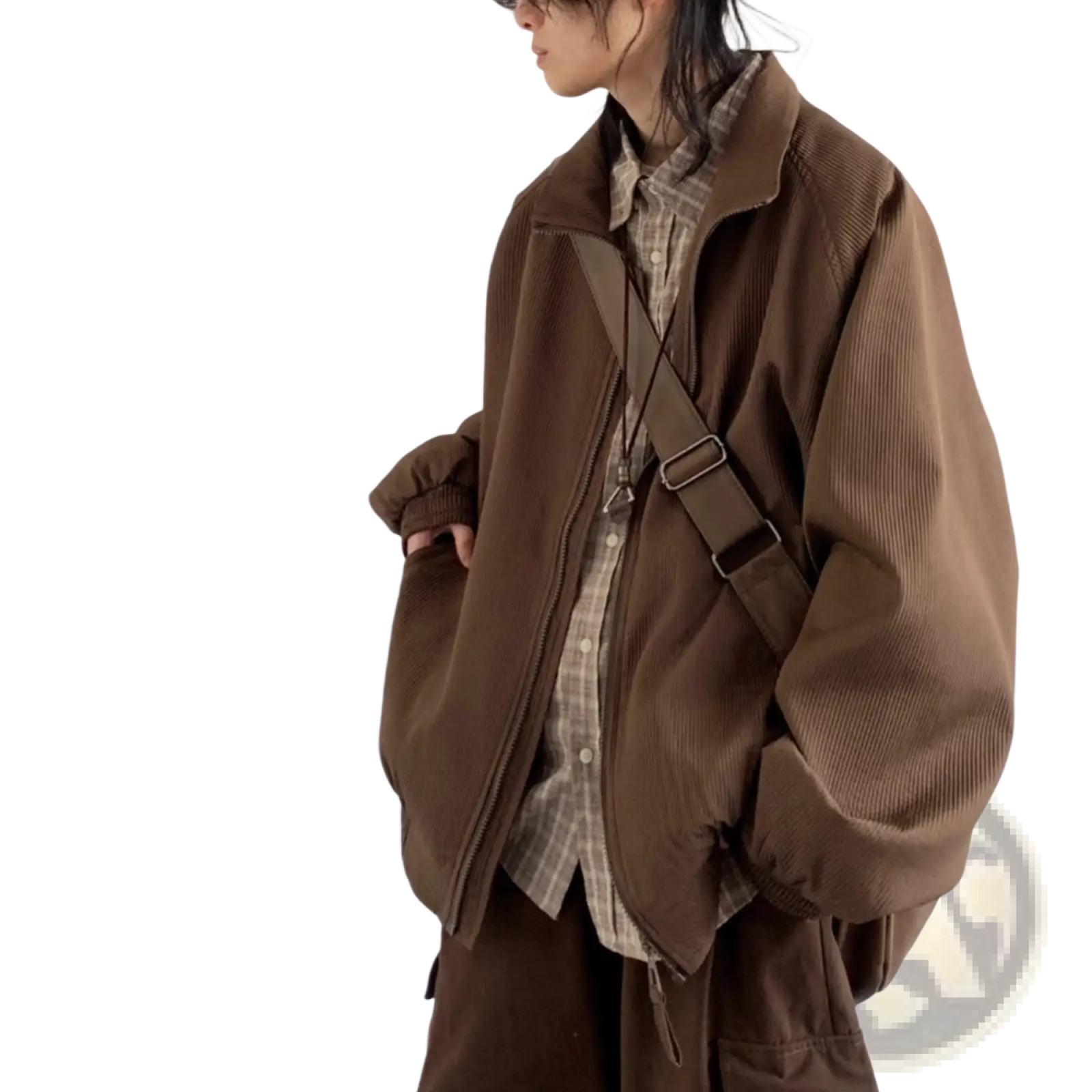 Brown corduroy bomber jacket with relaxed fit and visible zipper closure for retro loose outerwear style