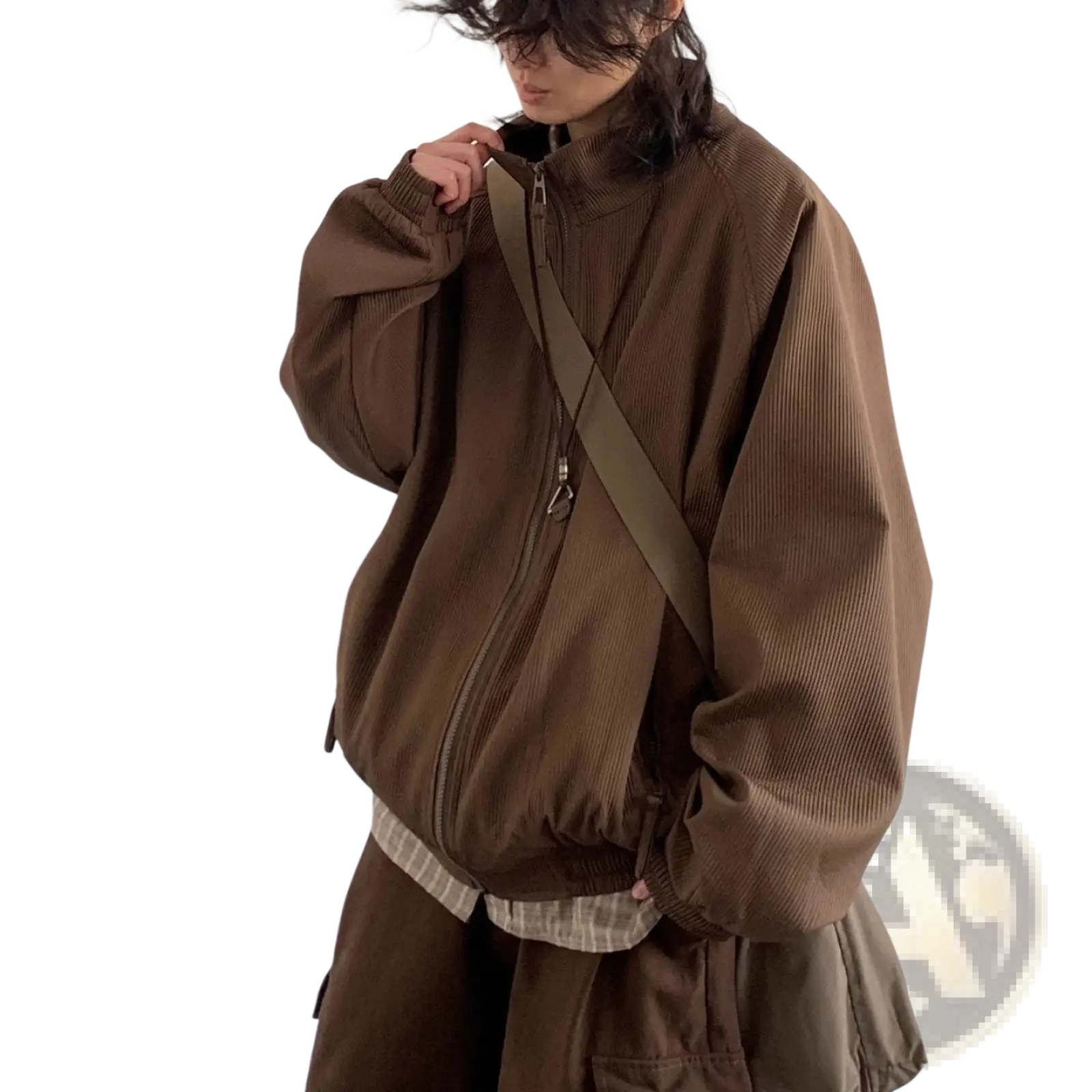 Brown corduroy bomber jacket with full-length zipper and ribbed cuffs in retro loose zipper outerwear style