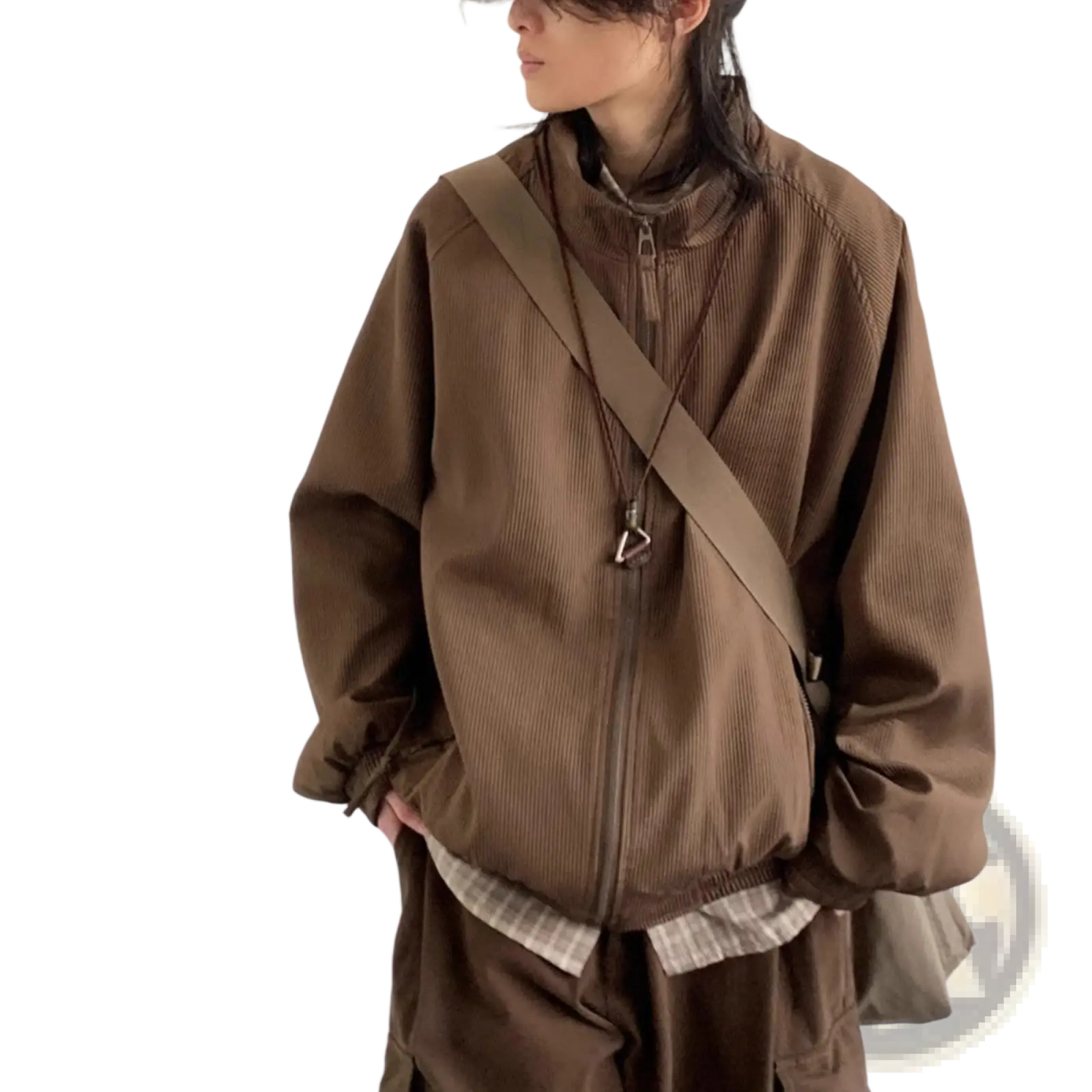Brown ribbed nylon bomber jacket with zipper front and drawstring cuffs for retro loose outerwear style