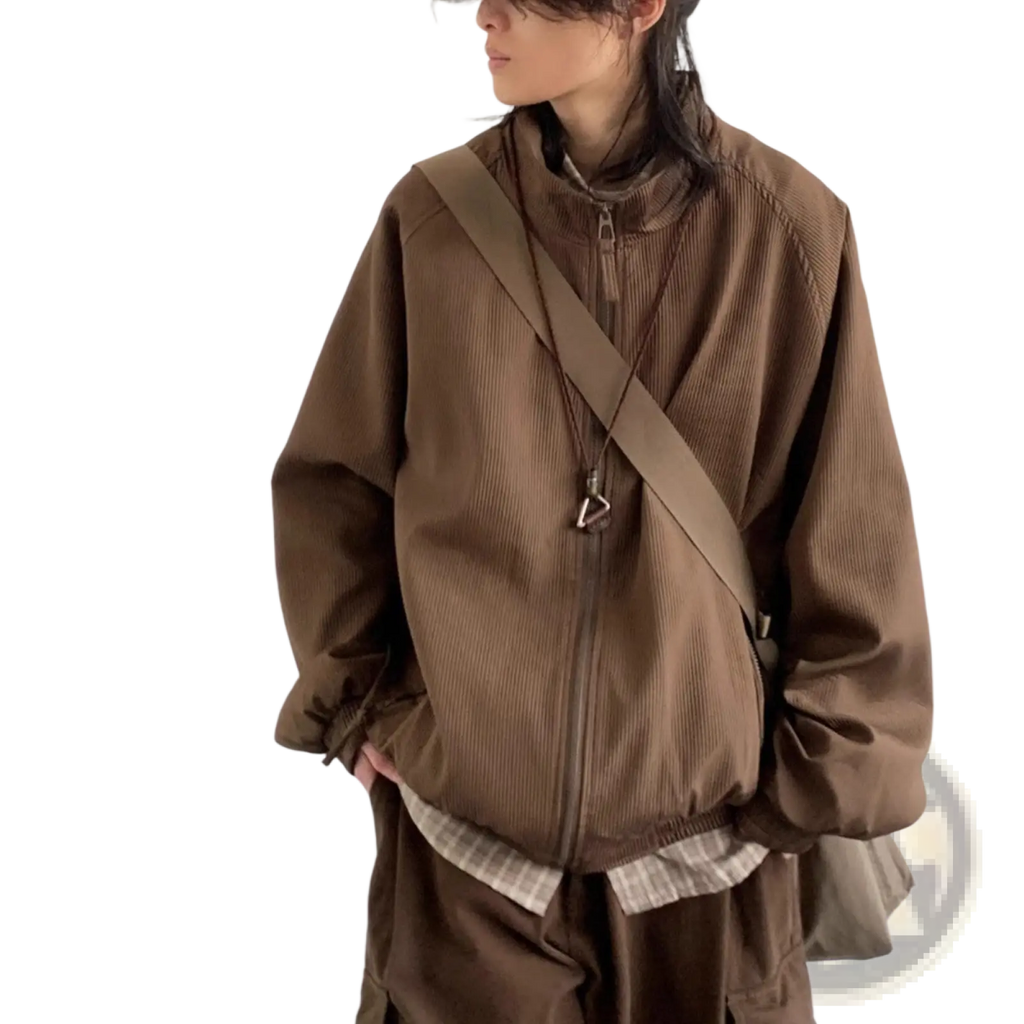 Brown ribbed nylon corduroy bomber jacket with zipper front and drawstring cuffs retro loose outerwear design