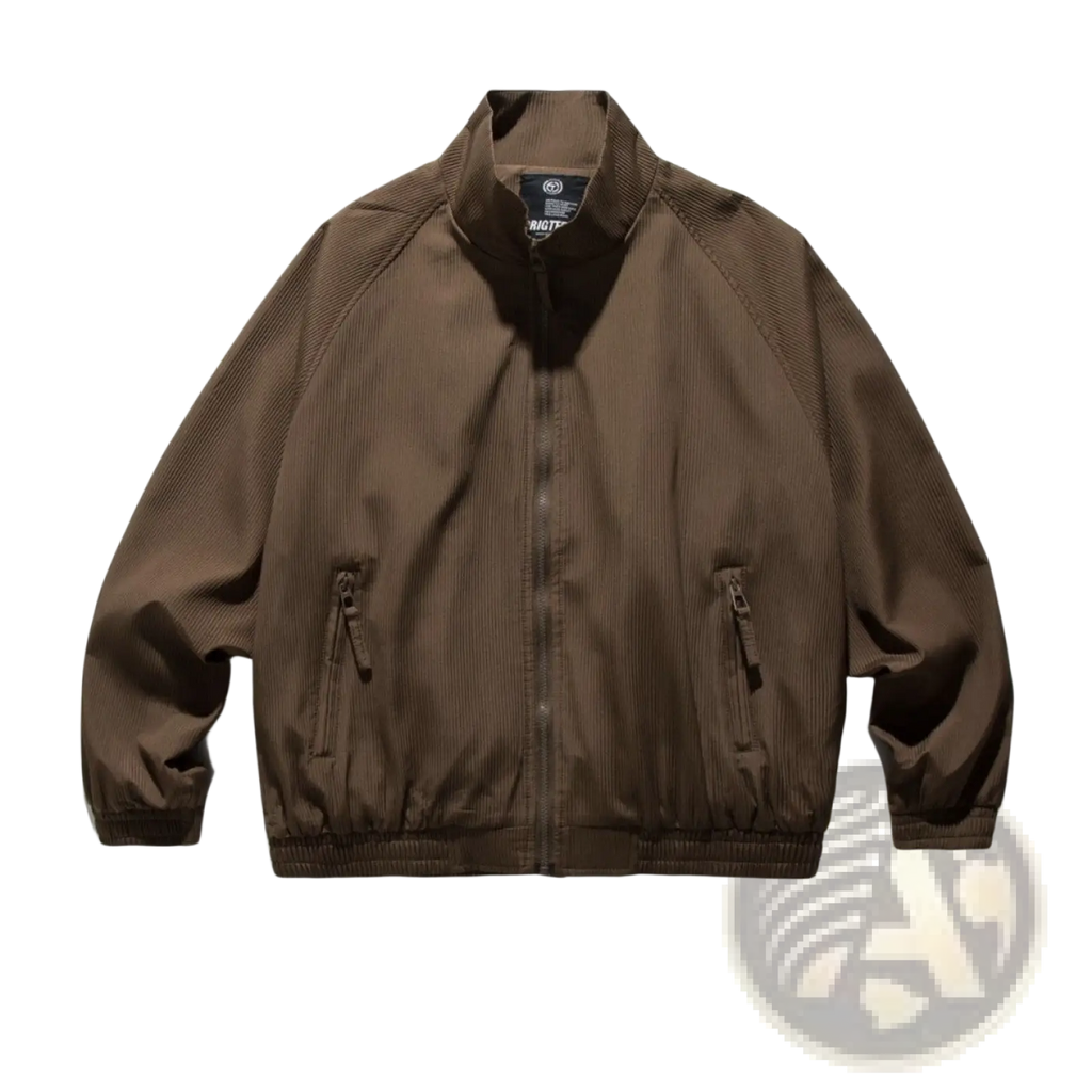 Brown corduroy bomber jacket with ribbed cuffs and waistband featured as retro loose zipper outerwear