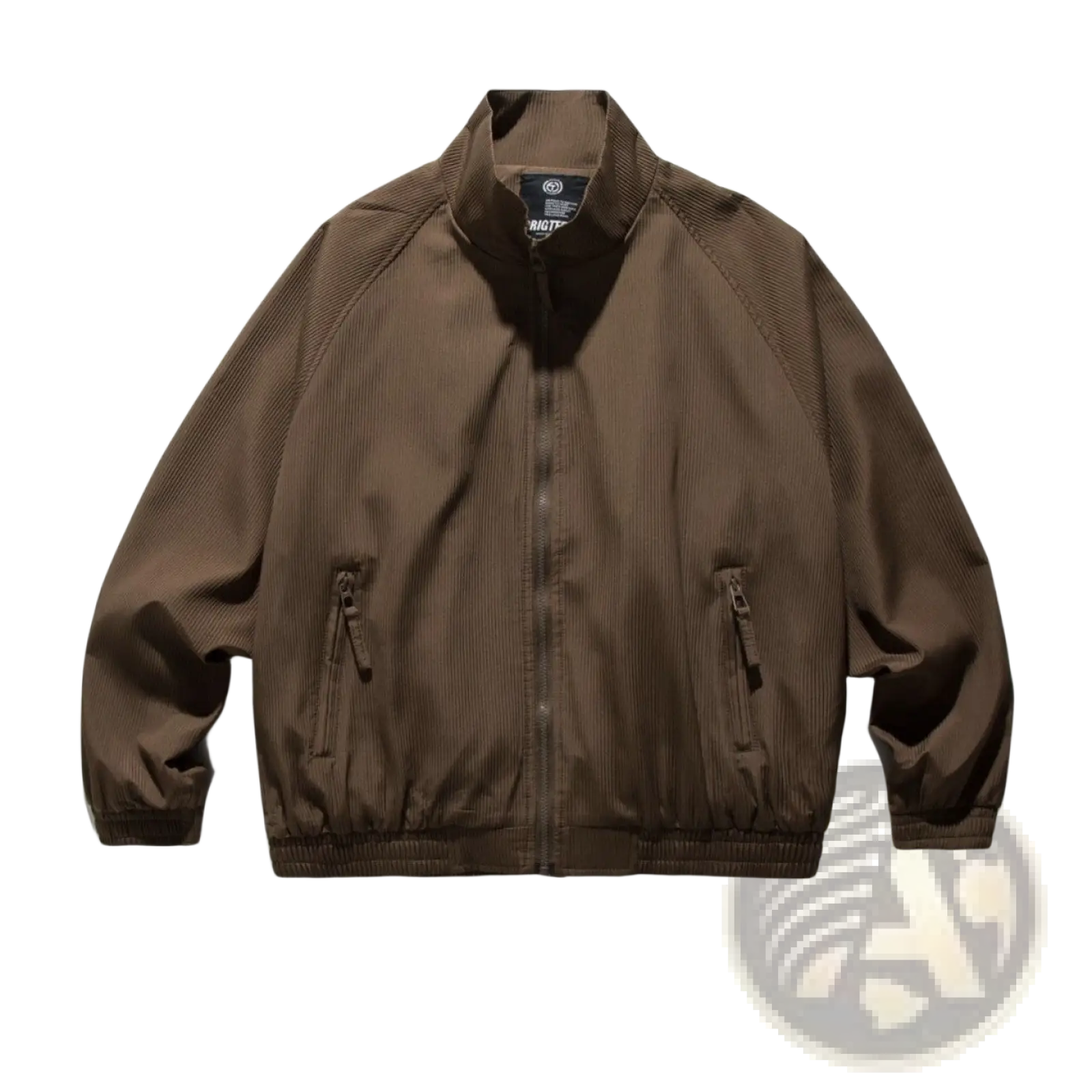 Brown corduroy bomber jacket with ribbed cuffs and waistband featured as retro loose zipper outerwear