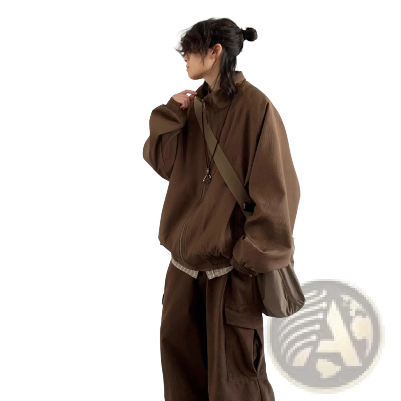 Brown corduroy bomber jacket with high collar and drawstring waistband in retro loose zipper outerwear style