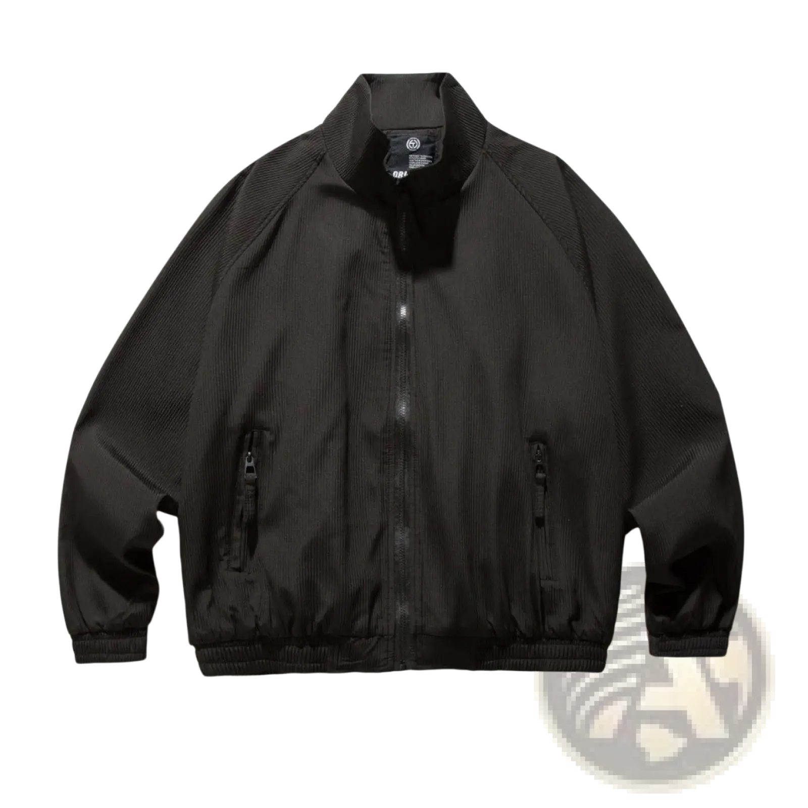 Black corduroy bomber jacket with ribbed cuffs and waistband featuring a textured retro loose fit and zipper closure