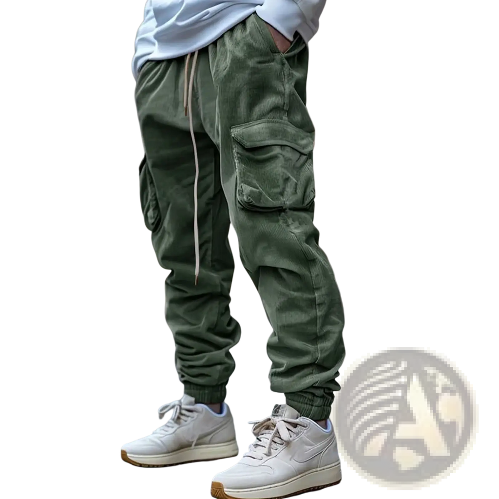 Olive green corduroy cargo pants for men with multiple pockets and a drawstring waistband for casual wear