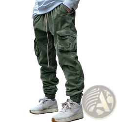 Olive green corduroy cargo pants for men with multiple pockets and a drawstring waistband for casual wear