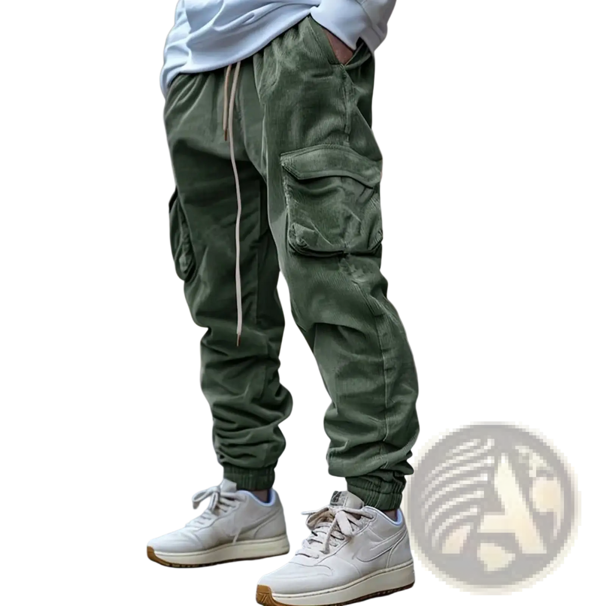 Olive green corduroy cargo pants for men with multiple pockets and a drawstring waistband for casual wear