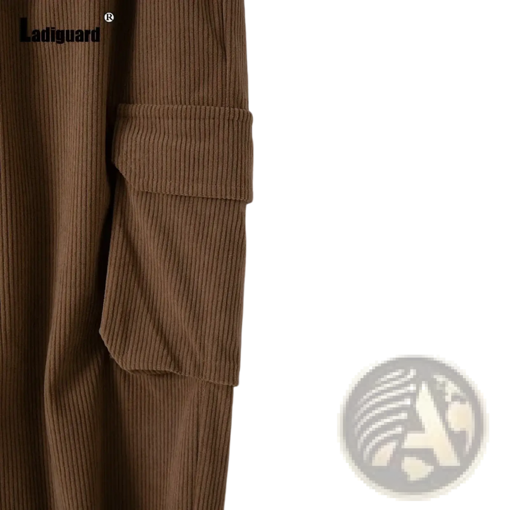 Brown corduroy cargo pants mens casual trousers with ribbed texture and flap pocket detail