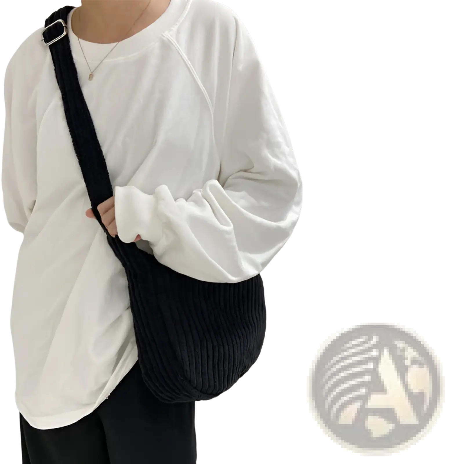 Black ribbed knit corduroy crossbody shoulder bag with silver buckle strap and adjustable length for versatile use