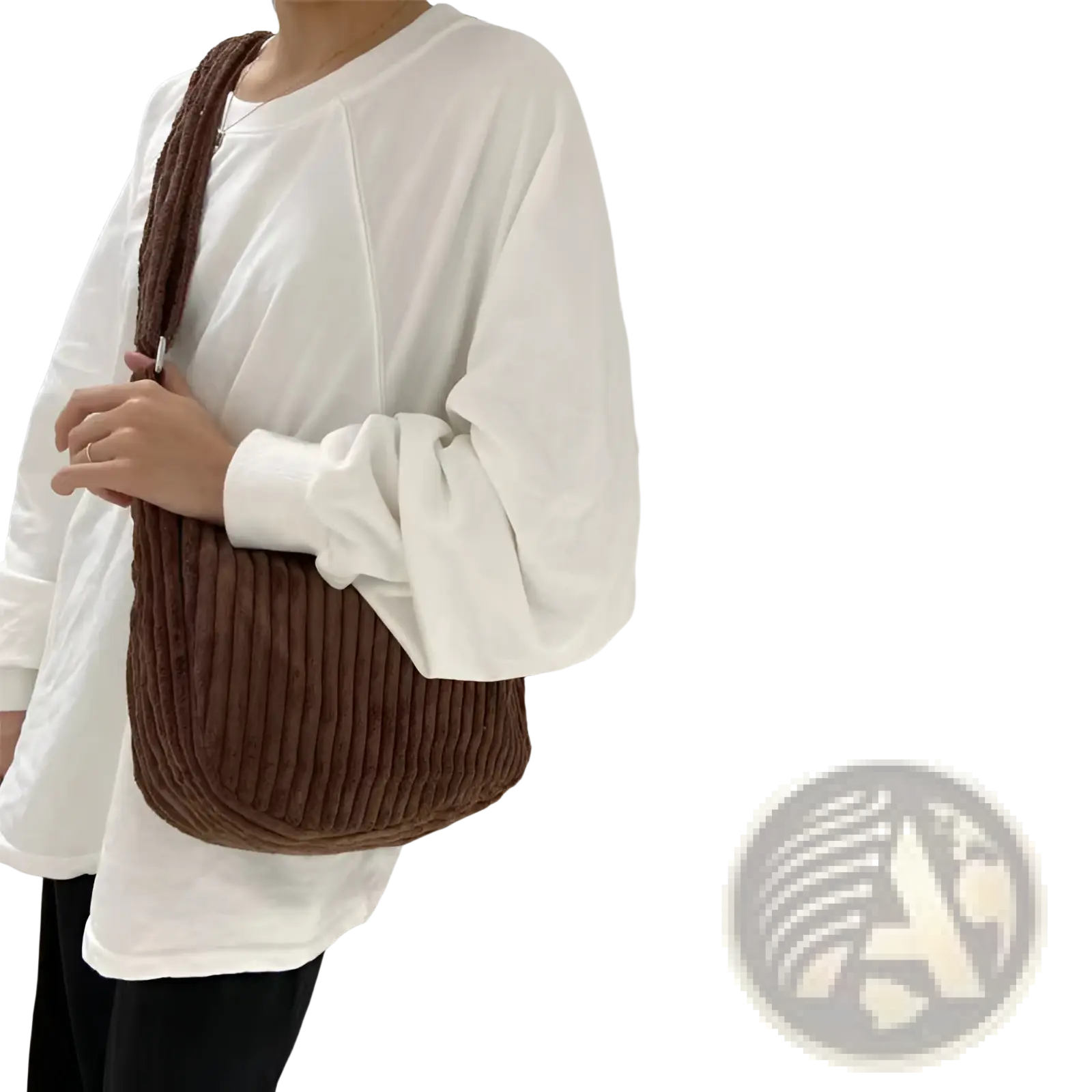 Brown corduroy crossbody shoulder bag with ribbed texture and thick adjustable strap for everyday use