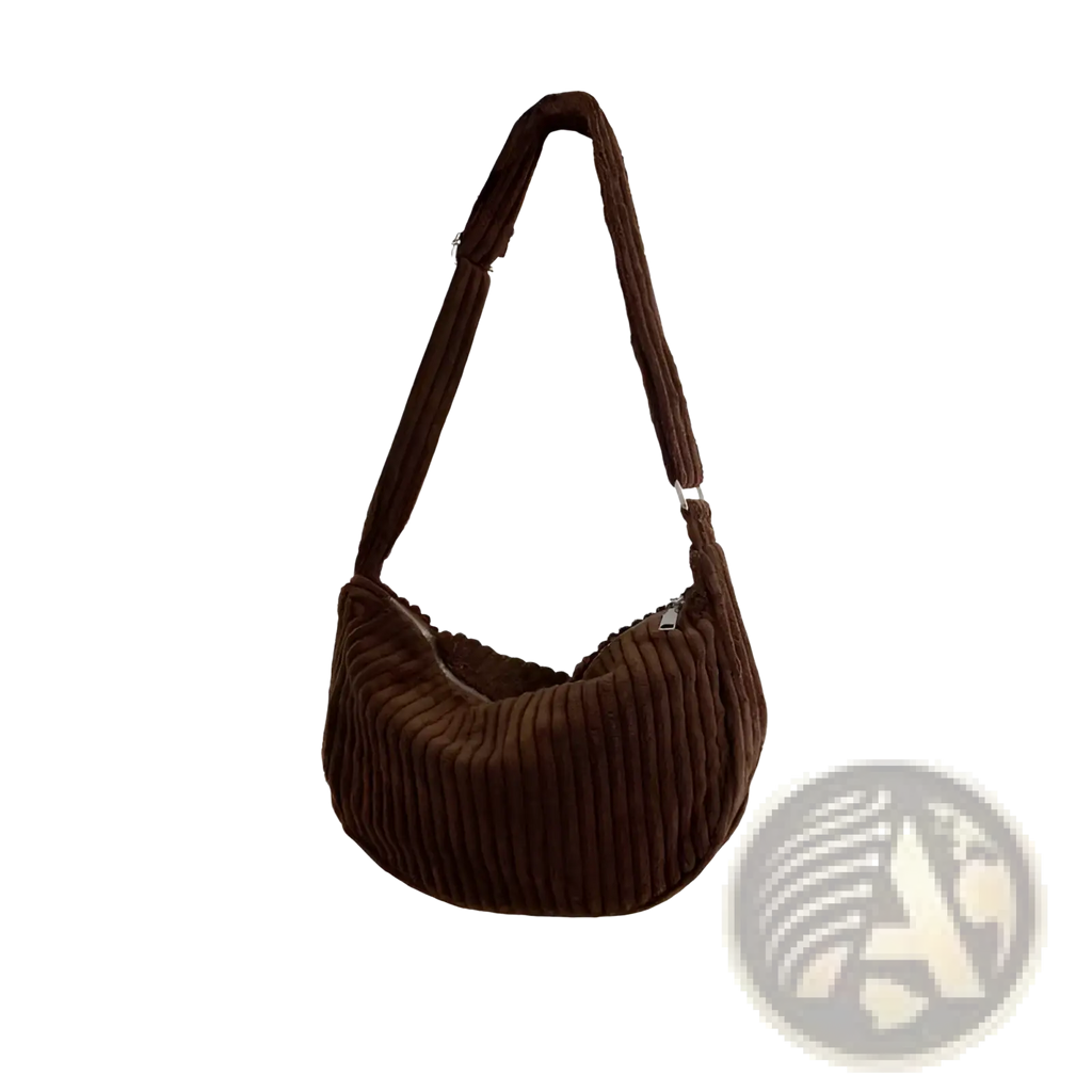 Brown corduroy crossbody shoulder bag with ribbed texture and adjustable strap for versatile daily use