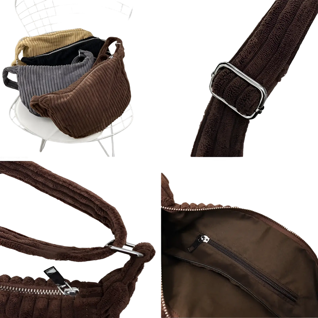 Brown corduroy crossbody shoulder bag with adjustable strap silver buckle and zipper detail