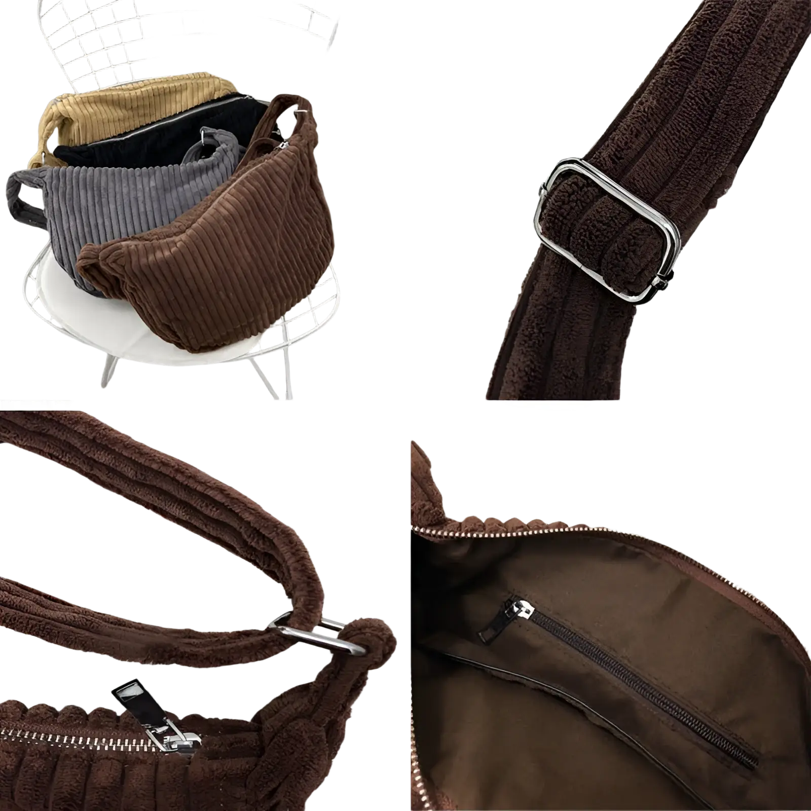 Brown corduroy crossbody shoulder bag with adjustable strap silver buckle and zipper detail