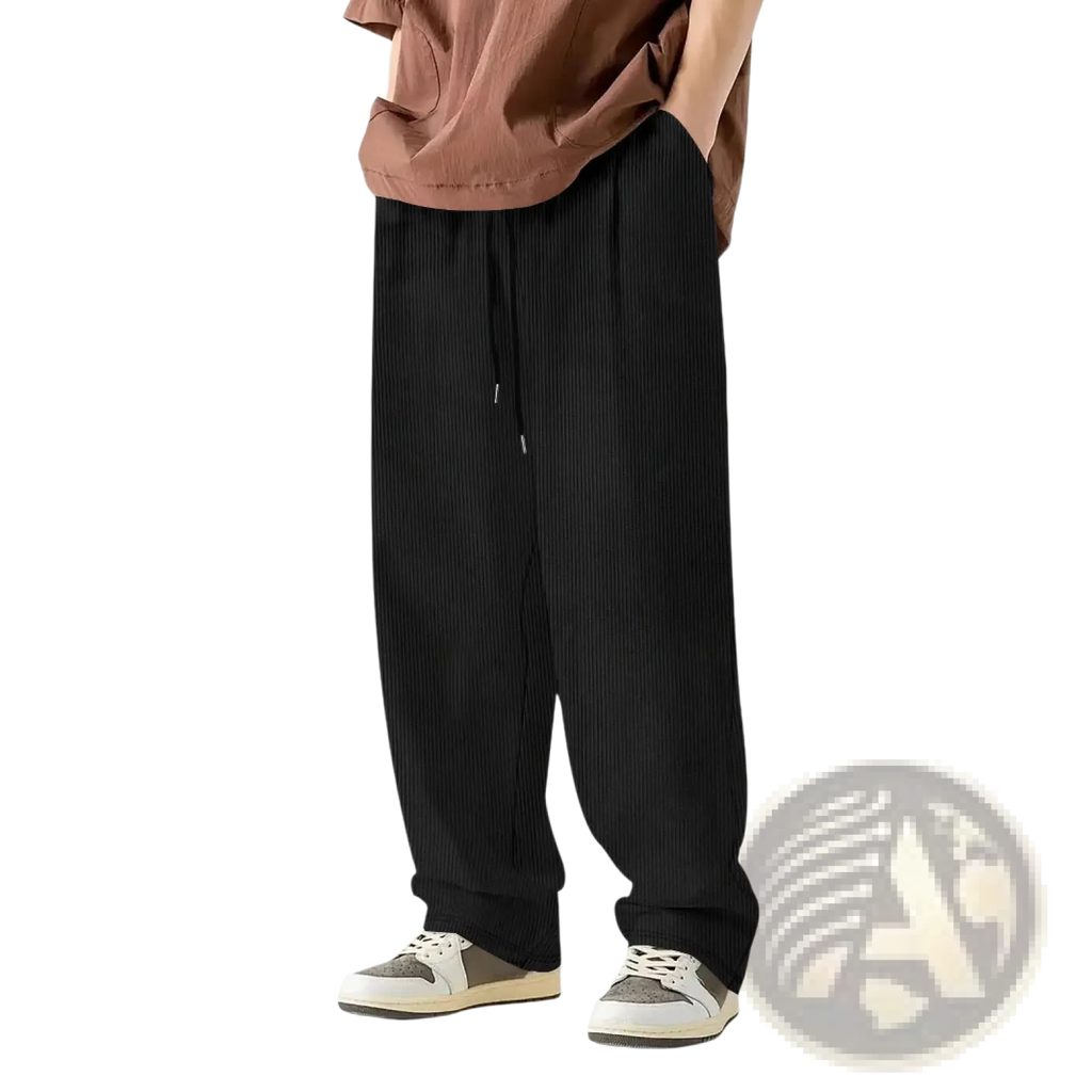 Black corduroy drawstring casual straight leg pants with vertical ribs and a comfortable waist tie closure
