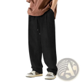 Black corduroy drawstring casual straight leg pants with vertical ribs and a comfortable waist tie closure