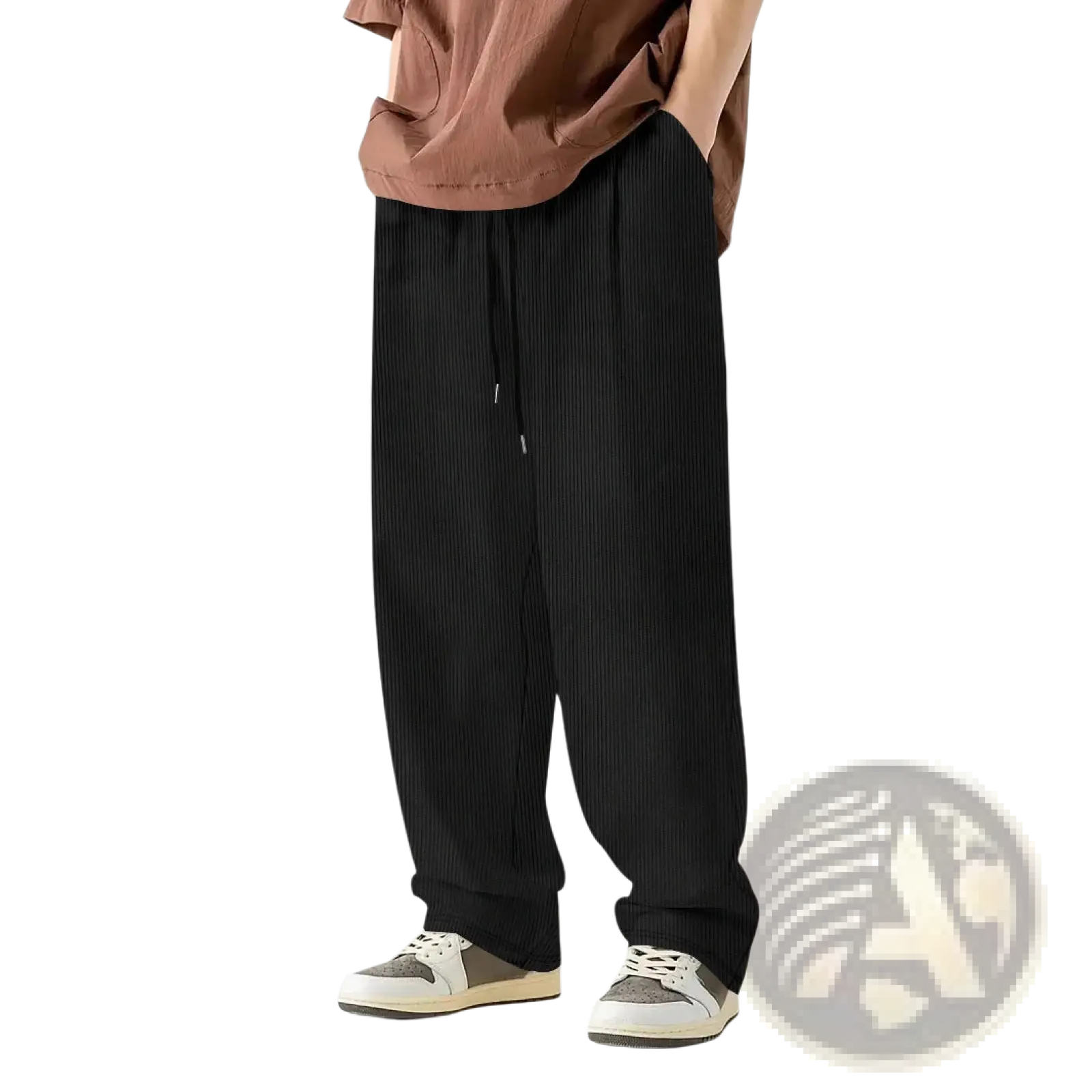 Black corduroy drawstring casual straight leg pants with vertical ribs and a comfortable waist tie closure