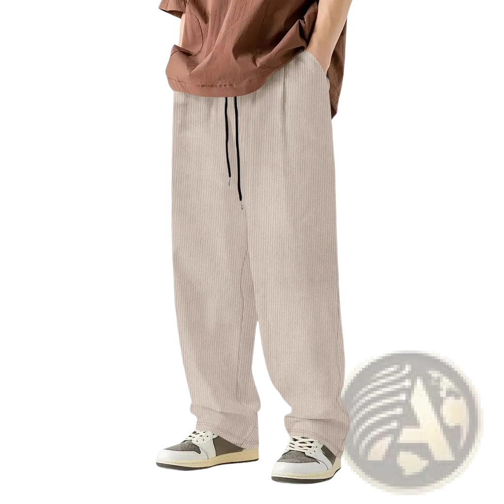 Beige striped cotton corduroy drawstring casual straight leg pants with a black waistband for everyday wear