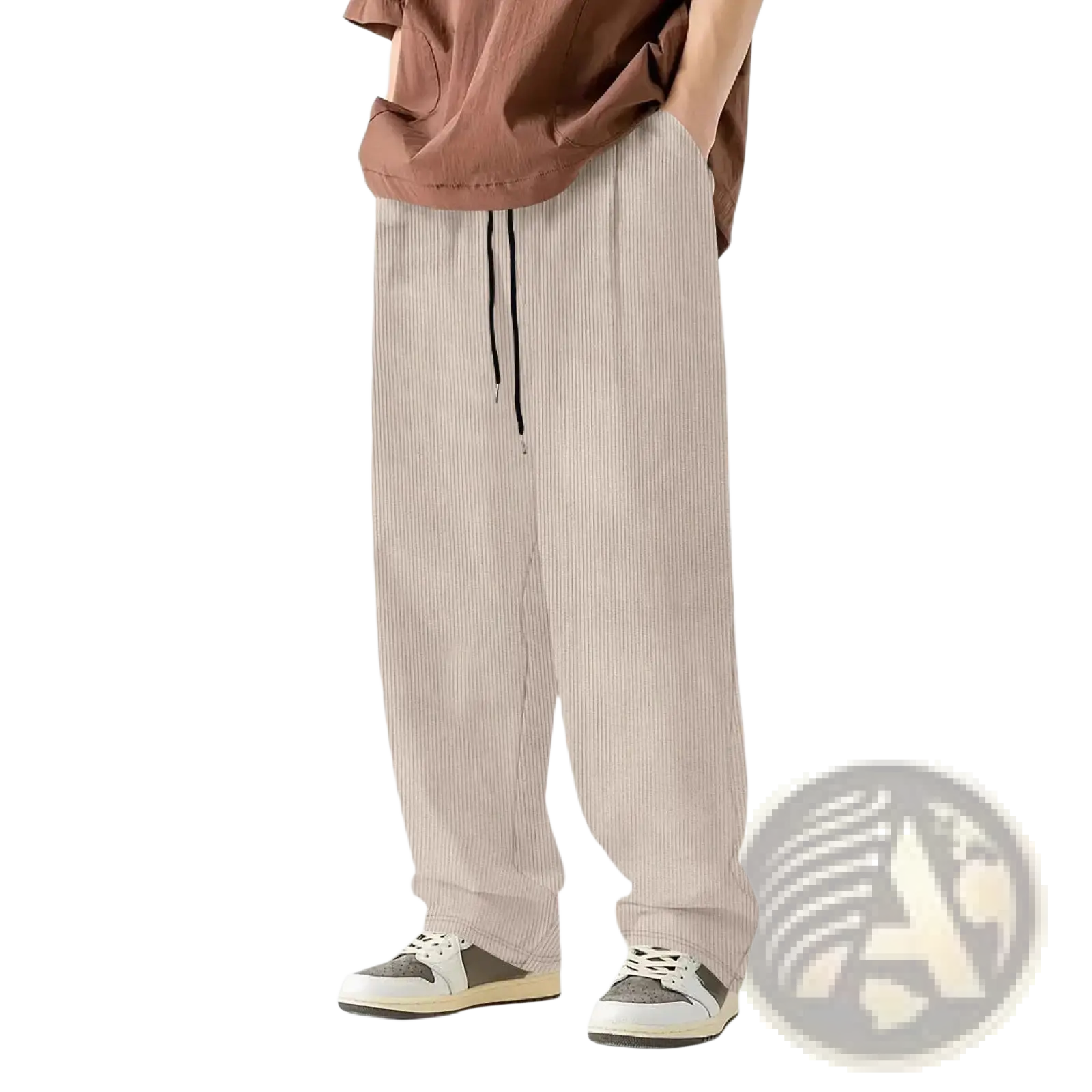 Beige striped cotton corduroy drawstring casual straight leg pants with a black waistband for everyday wear