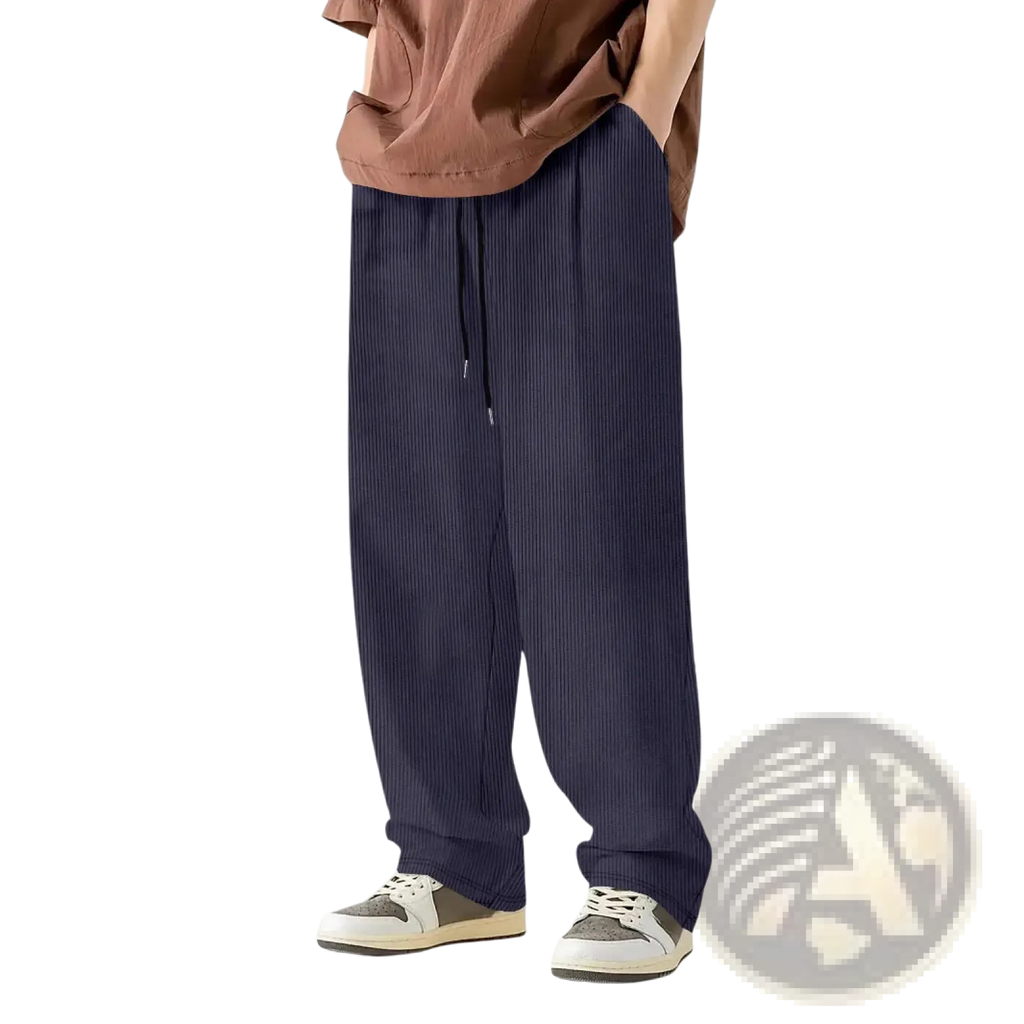 Dark blue corduroy drawstring casual straight leg trousers with pinstripe detail and a comfortable waistband