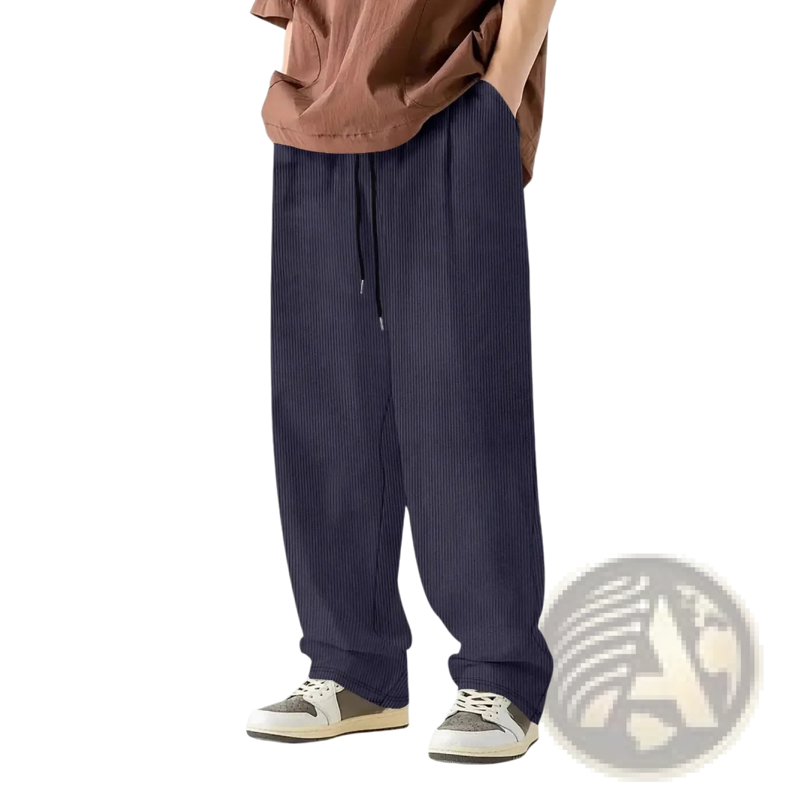 Dark blue corduroy drawstring casual straight leg trousers with pinstripe detail and a comfortable waistband