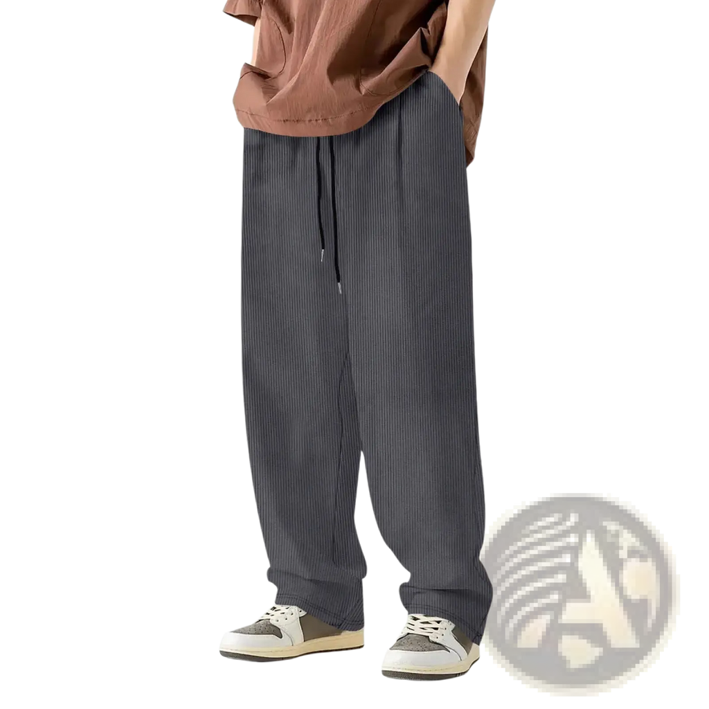 Dark gray corduroy drawstring casual straight leg pants with vertical stripes and a comfortable waist