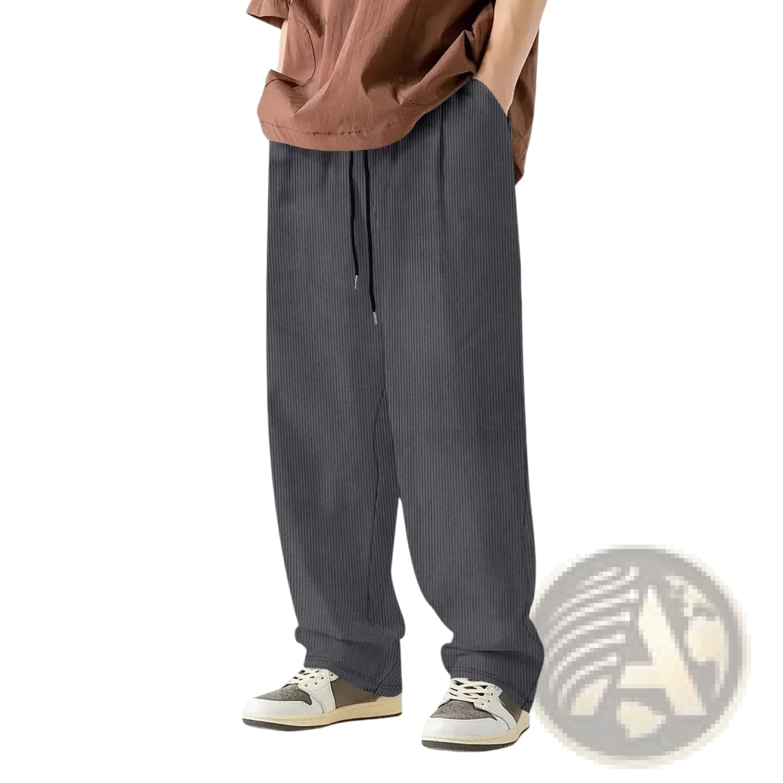 Dark gray corduroy drawstring casual straight leg pants with vertical stripes and a comfortable waist