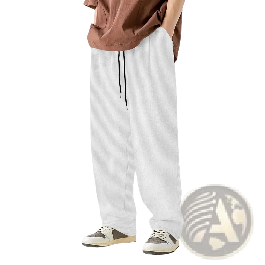 White corduroy casual straight leg pants with a black drawstring waistband for comfortable everyday wear