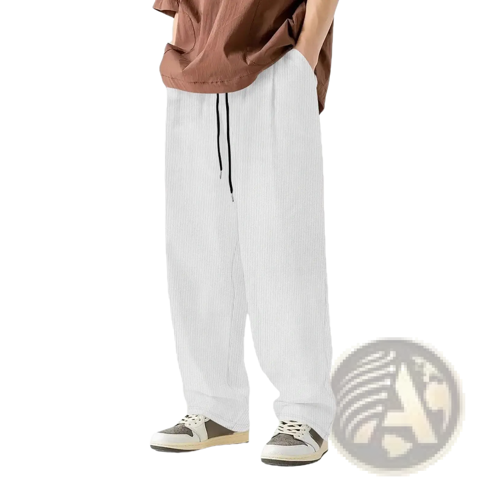 White corduroy casual straight leg pants with a black drawstring waistband for comfortable everyday wear