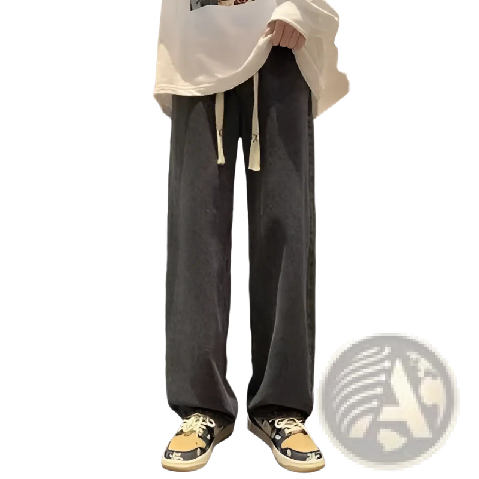Dark gray corduroy drawstring casual trousers with a relaxed straight-leg cut and visible waist drawstrings
