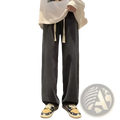 Dark gray corduroy drawstring casual trousers with a relaxed straight-leg cut and visible waist drawstrings