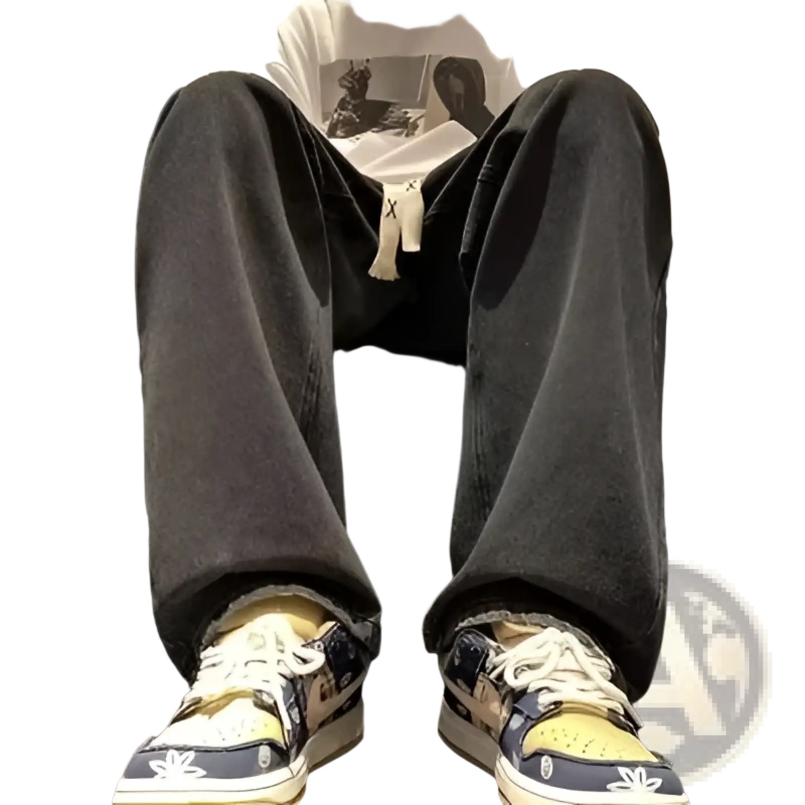 Dark gray slightly faded denim jeans with relaxed fit and visible stitching in a casual corduroy drawstring style