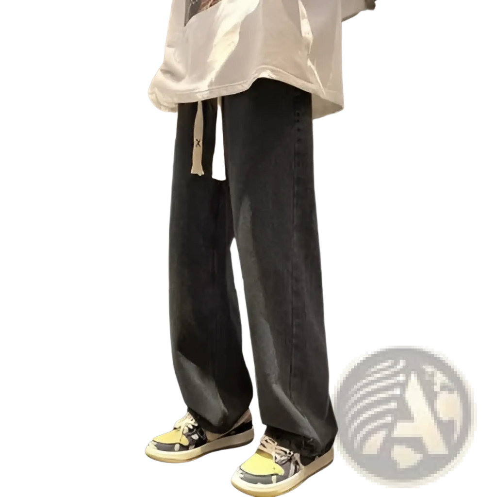 Dark gray straight-leg denim jeans with a relaxed fit and subtle fading shown from the front for casual wear