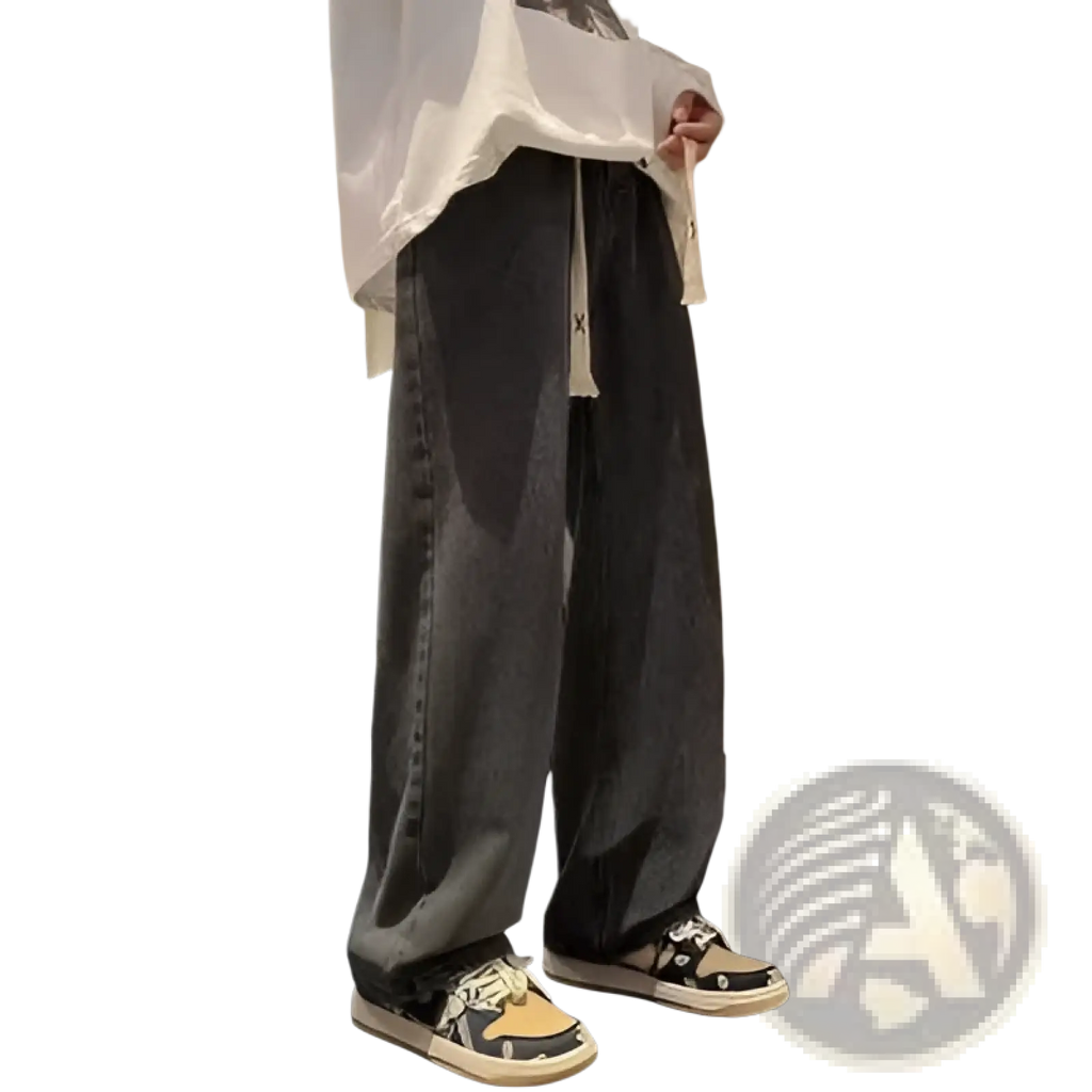 Dark gray corduroy wide-leg casual trousers with a drawstring waist and subtle side branding
