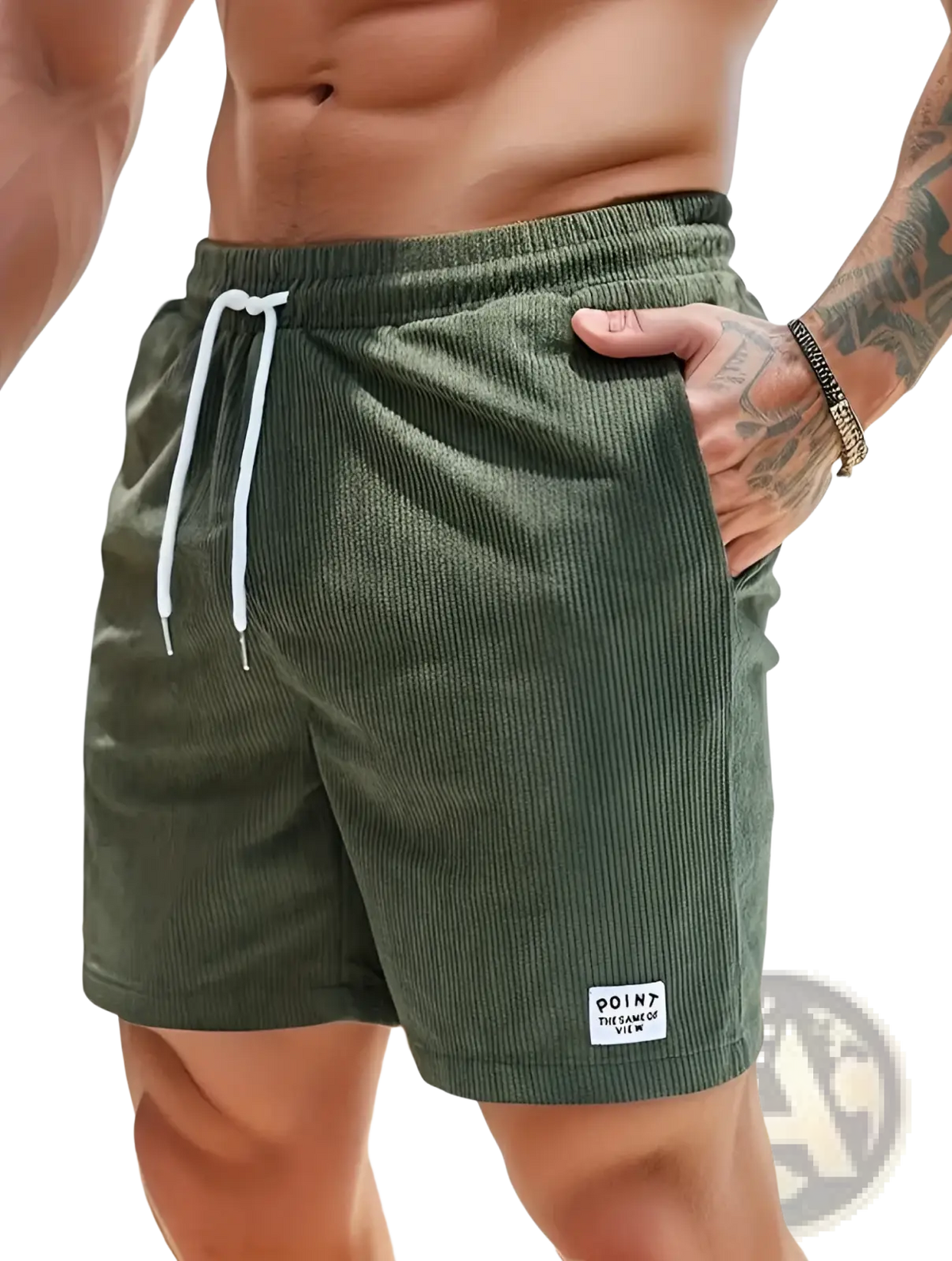 Olive green corduroy drawstring shorts for men featuring white drawstrings and a small white label on the leg